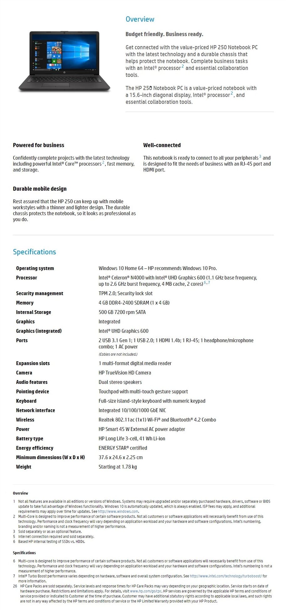 HP 250 G7 FHD Laptop, Celeron N4000, 4GB, 500GB HDD, Windows