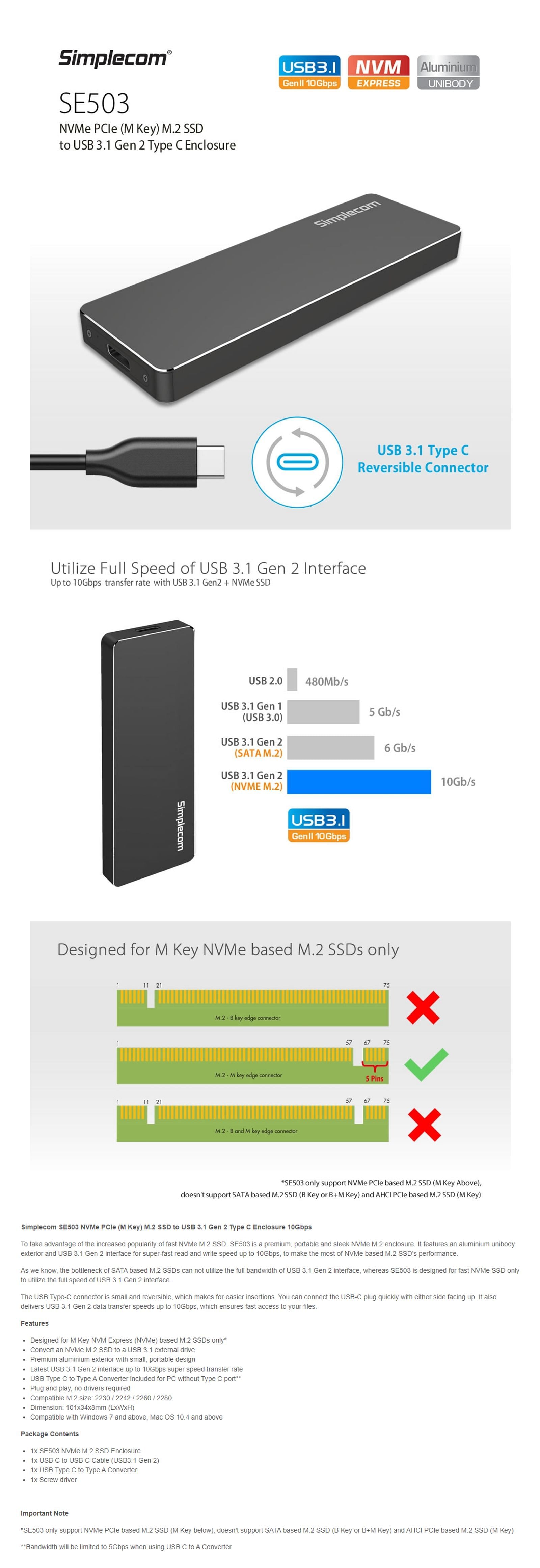 Simplecom Se Nvme Pcie M Key M Ssd To Usb Gen Type C