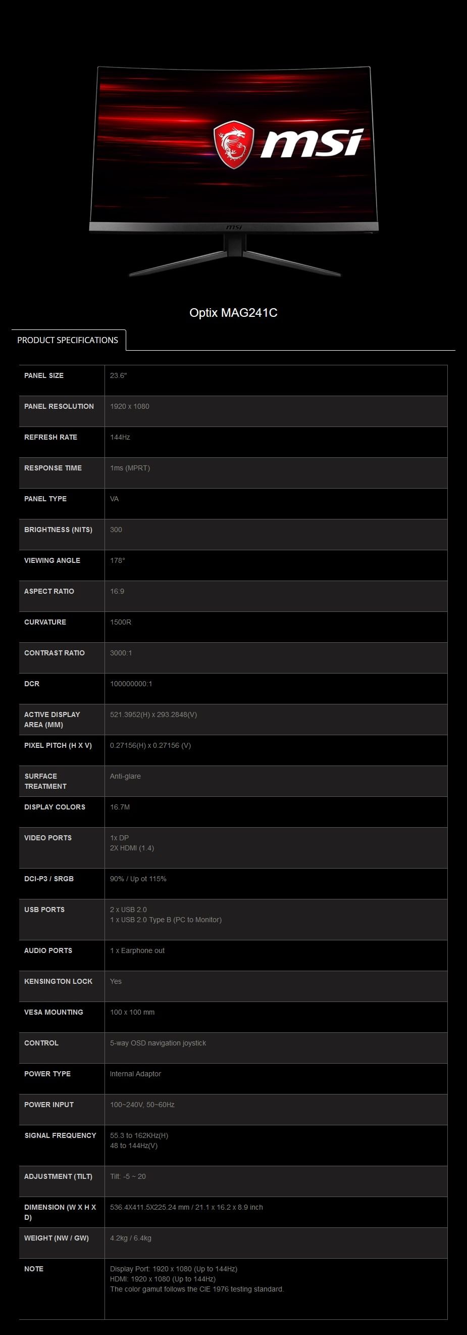 MSI MAG241C 23.6" Full HD 1ms 144Hz Curved FreeSync Monitor