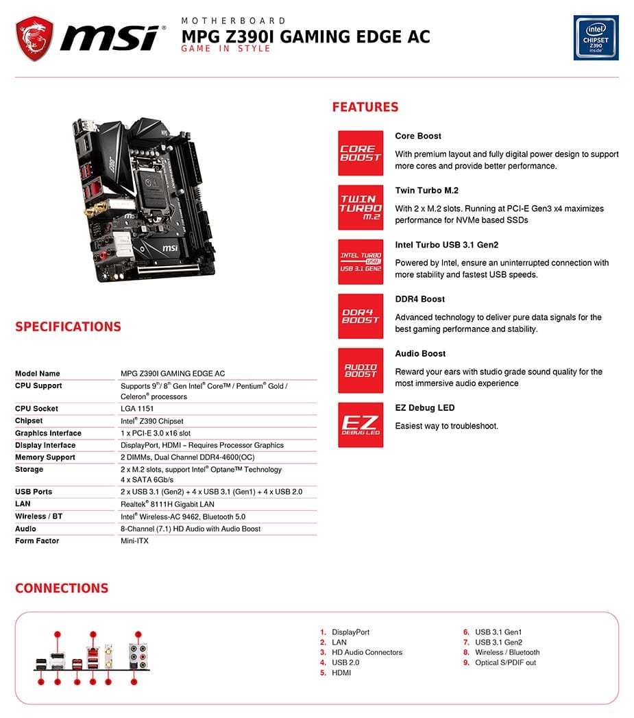MSI Z390i Gaming Edge AC LGA 1151 Mini-ITX Motherboard