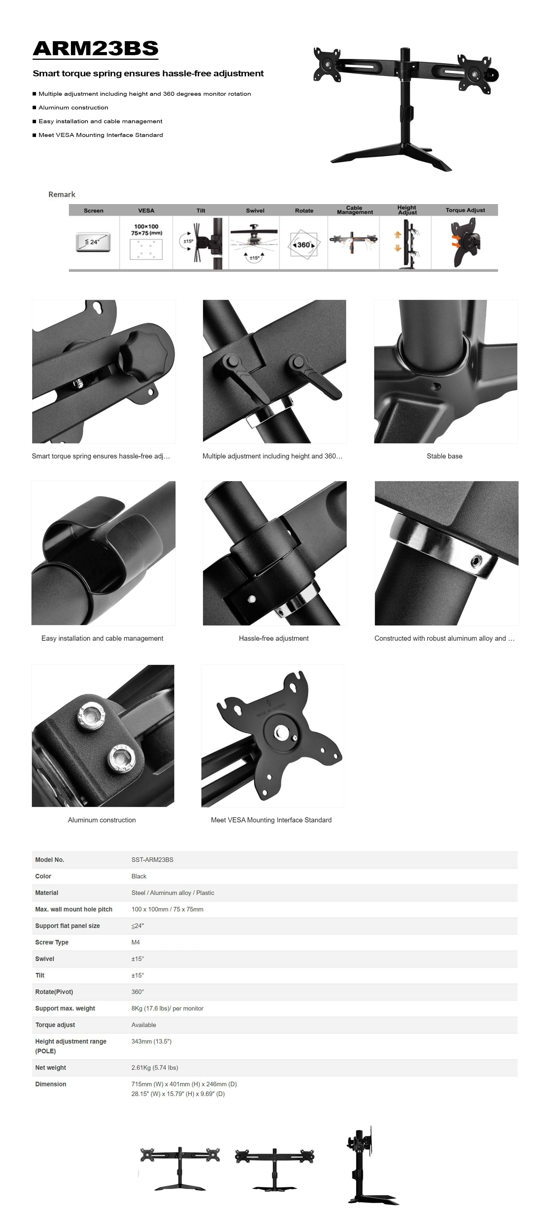 Silverstone ARM23BS Horizontal dual LCD monitor desk stand, support up to  24