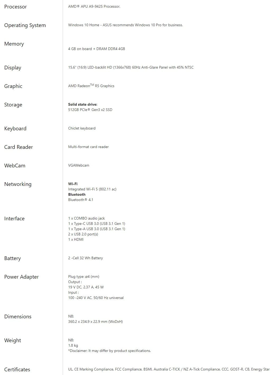 Asus D509BA HD Laptop, AMD A9/8GB/Radeon R5/512GBSSD/W10