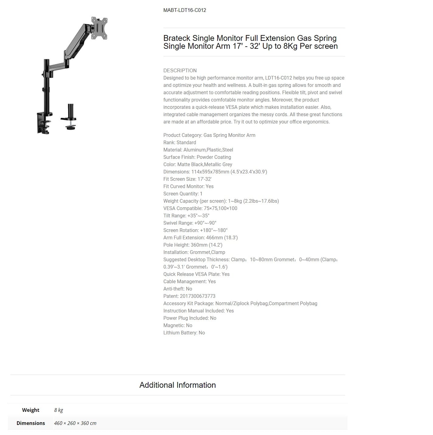 Brateck Full Extension Gas Spring Single Monitor Arm