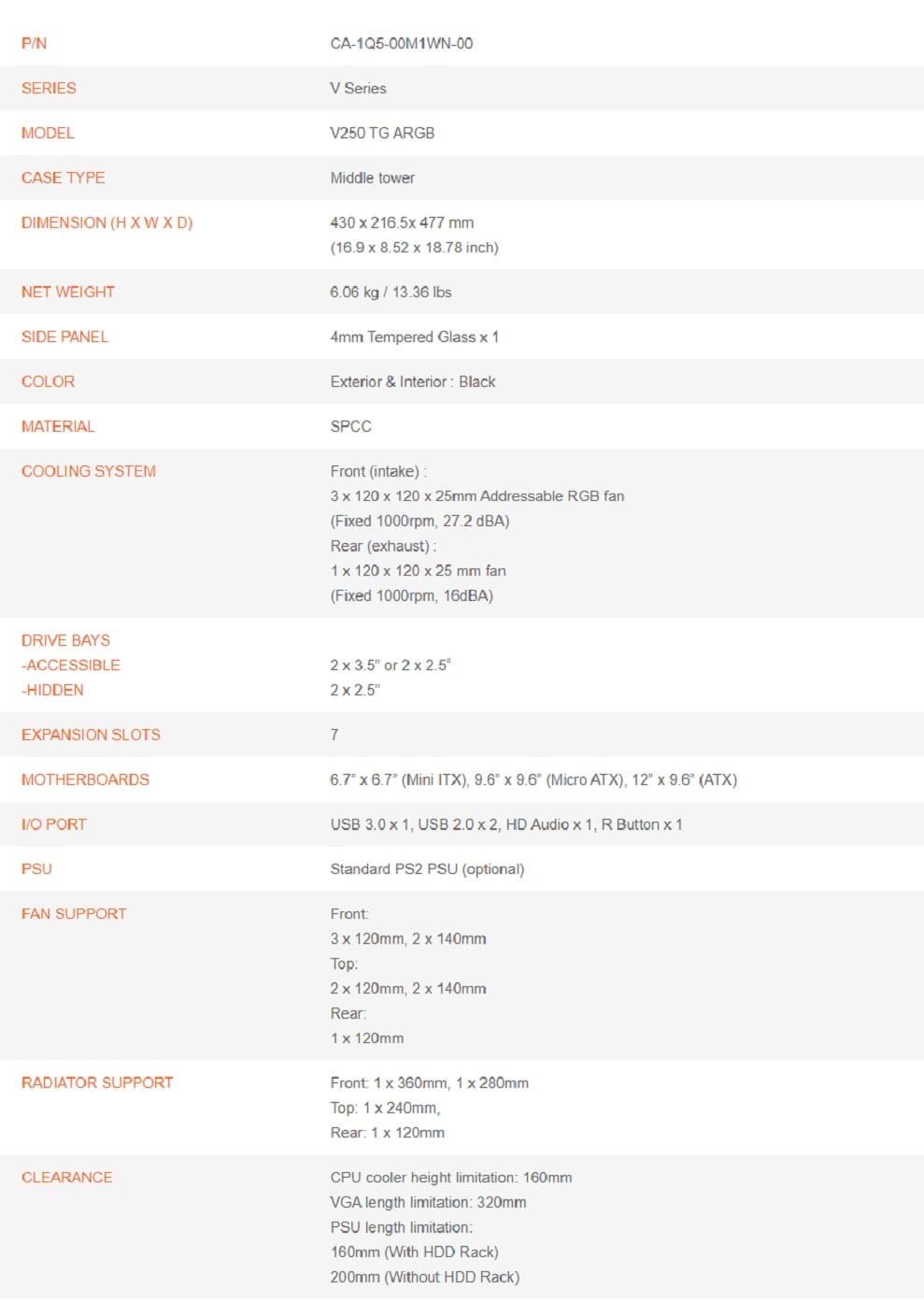 Thermaltake V250 ATX ARGB Tempered Glass Computer Case Black