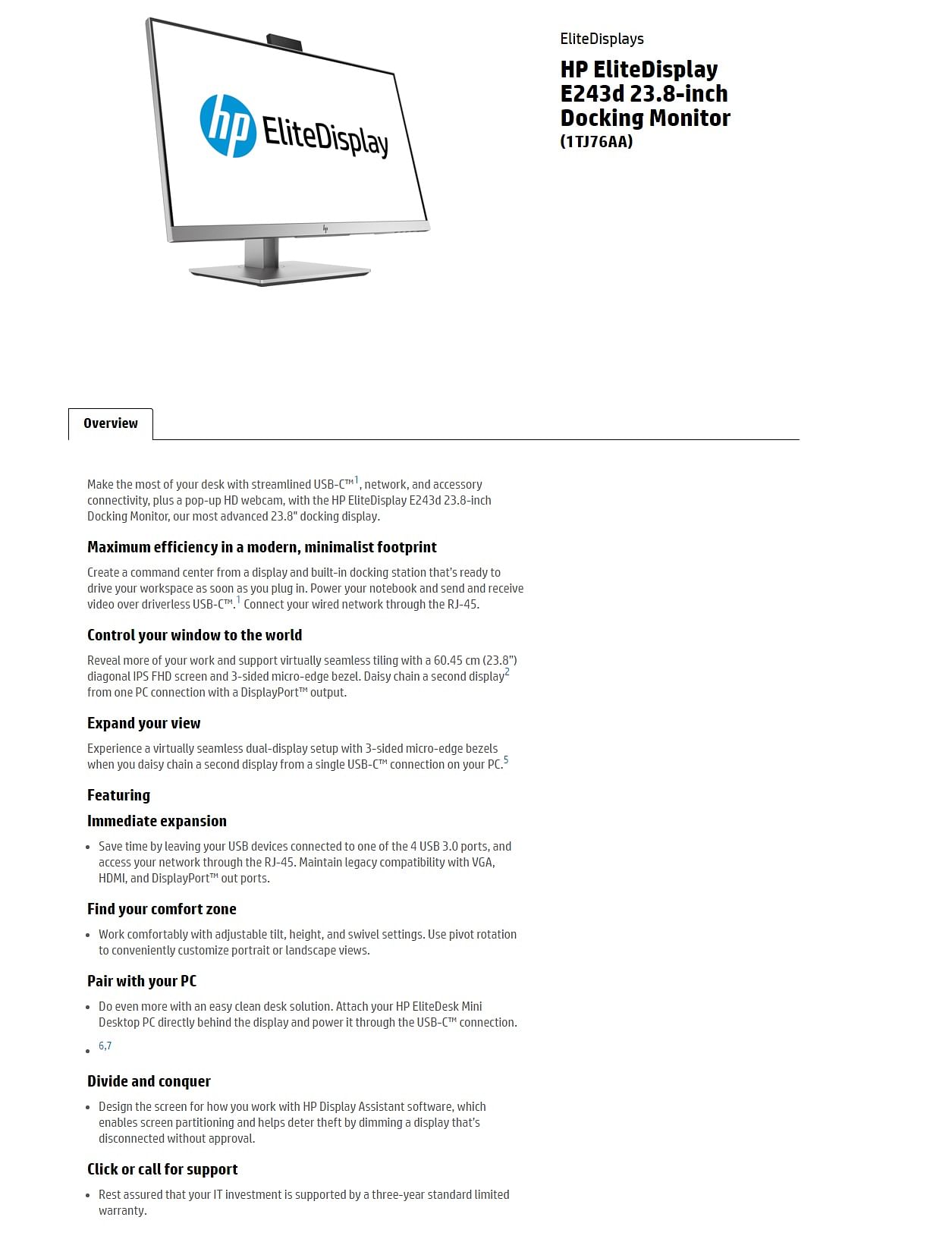 HP E243D 23.8" Full HD IPS USB-C Height Adjustable With Docking Monitor