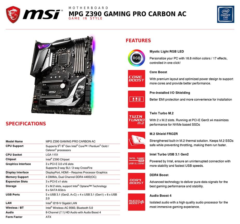 Edge Ac Msi Mpg Z390 Gaming Pro Carbon Specs Msi Mpg Z390 Gaming