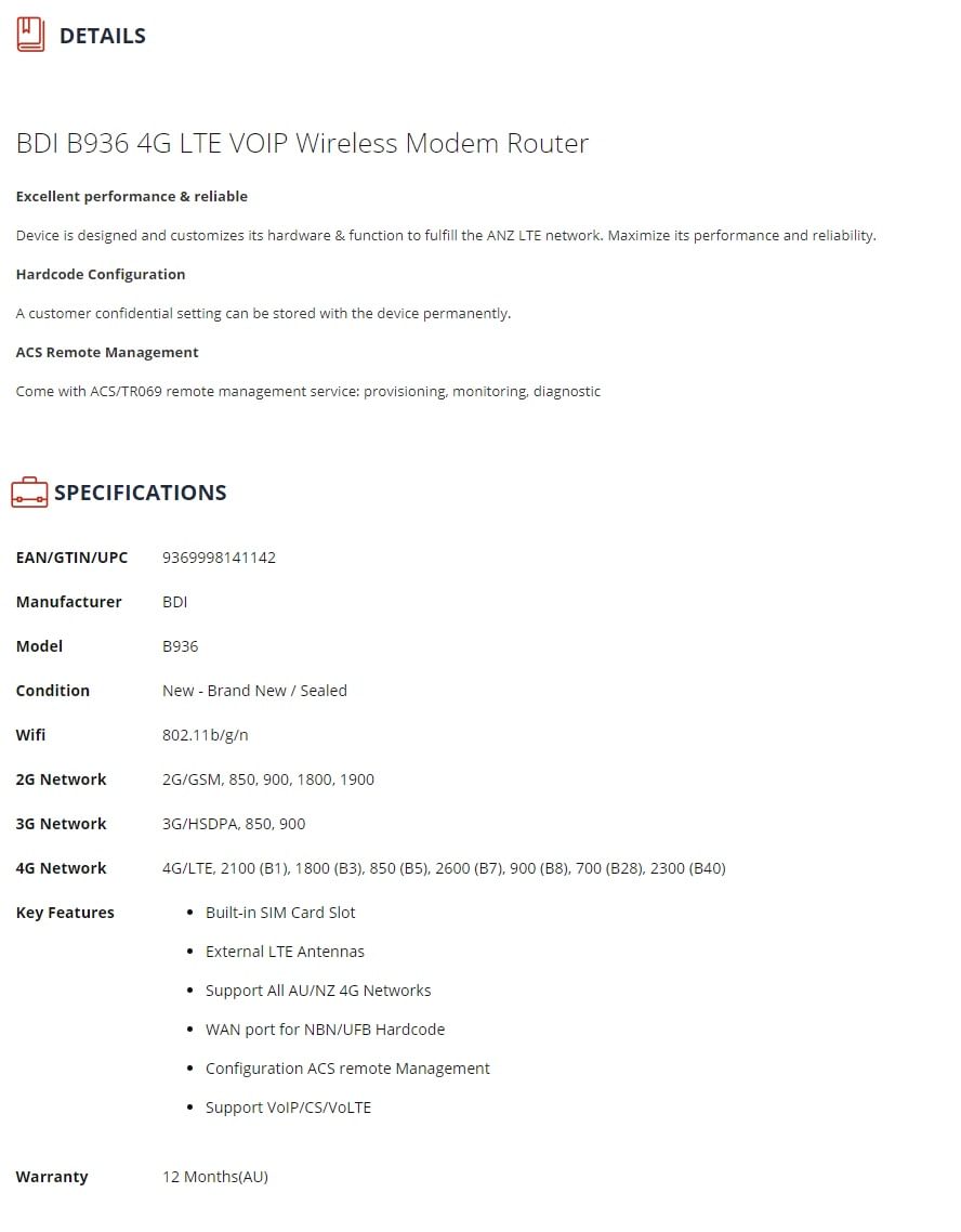 BDI B936 4G LTE VOIP Wireless Modem Router
