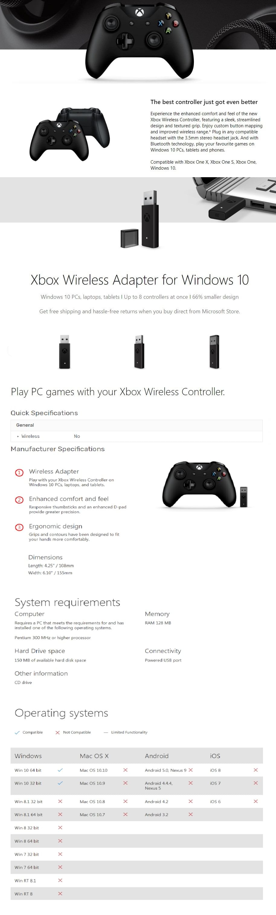 MS Xbox Controller + Wireless Adapter for Windows 10