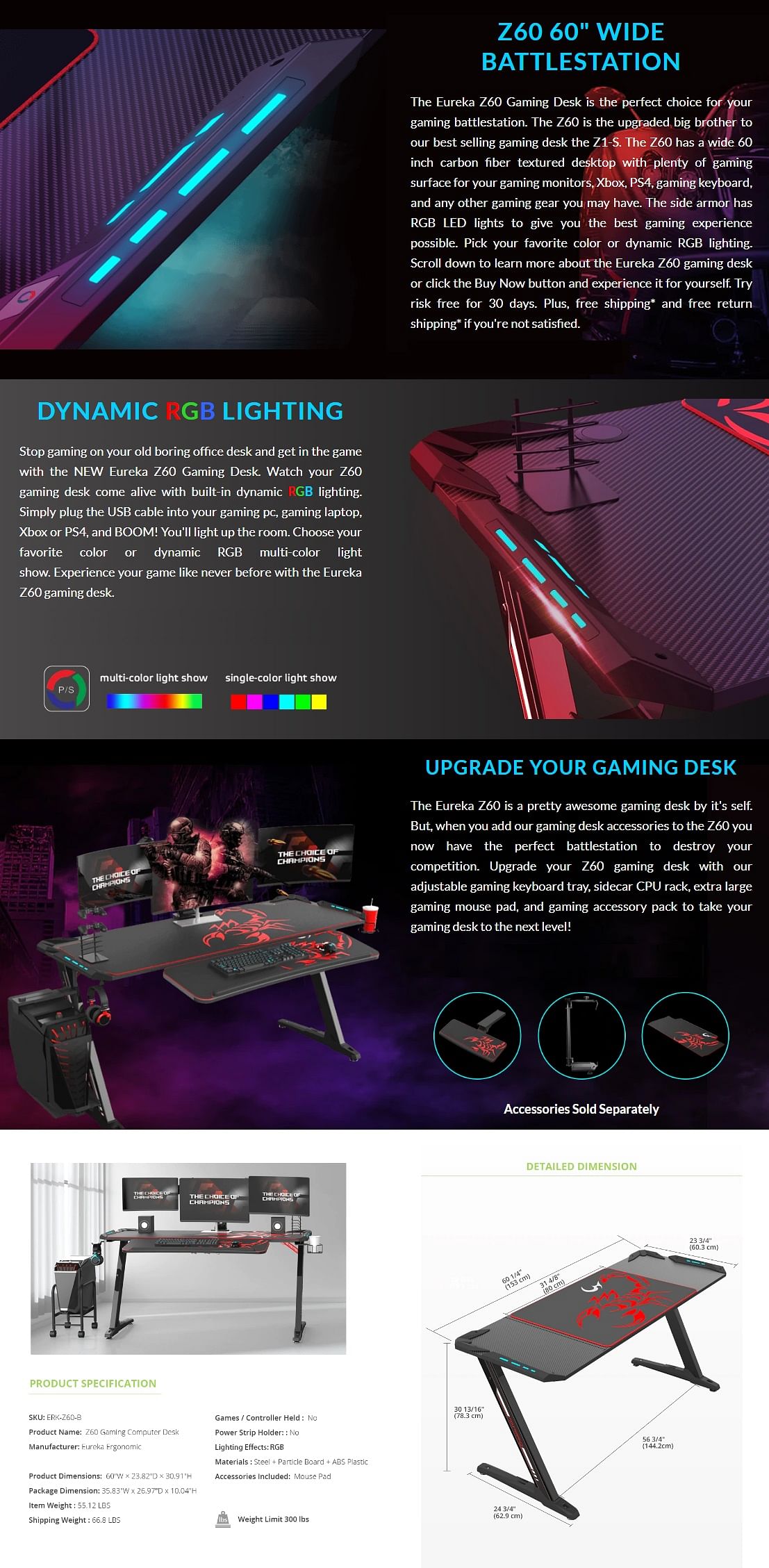 ONEX Eureka Ergonomic Z60 60" Gaming Desk With RGB Lights - Black