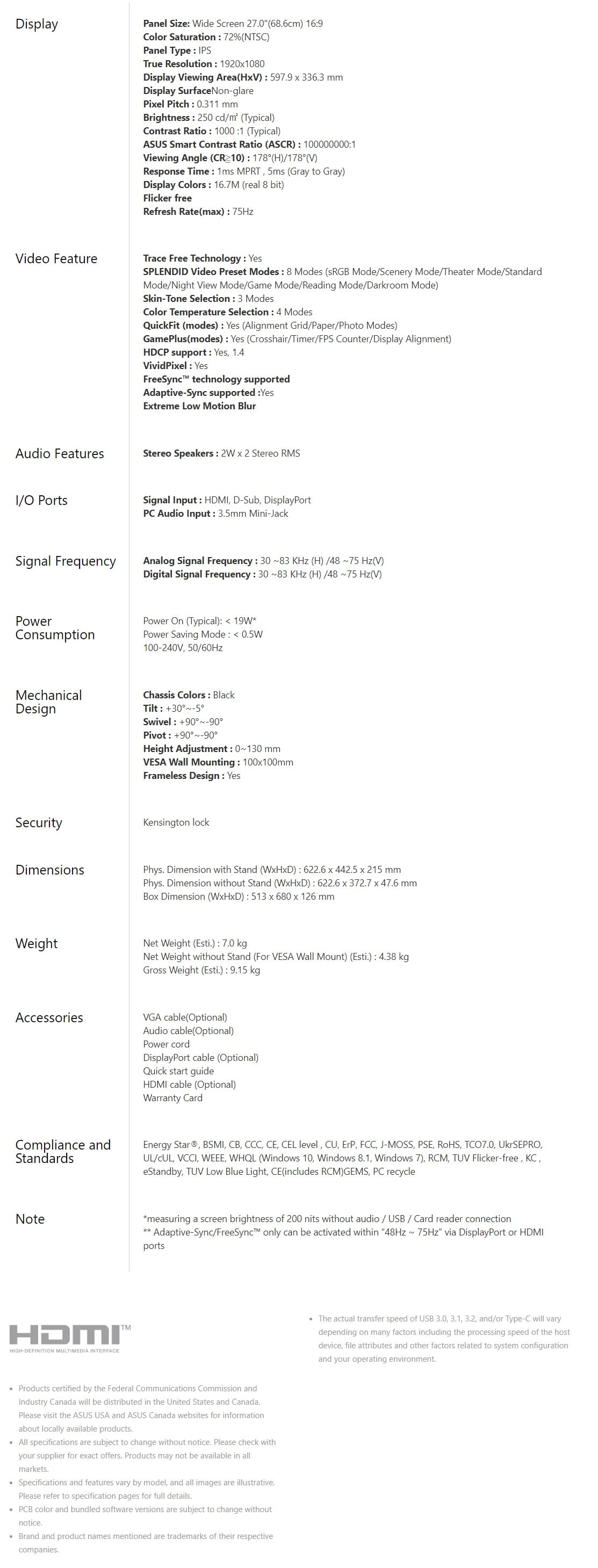 Asus VP279QGL 27" Full HD IPS 1ms 75Hz FreeSync Height Adjustable Monitor