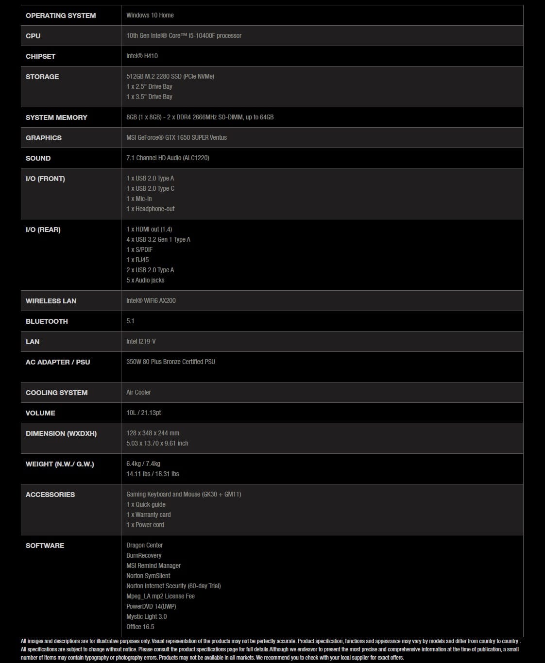 MSI MAG Infinite Super, i5-10400F, GTX 1650 Super, 8GB, 512GB