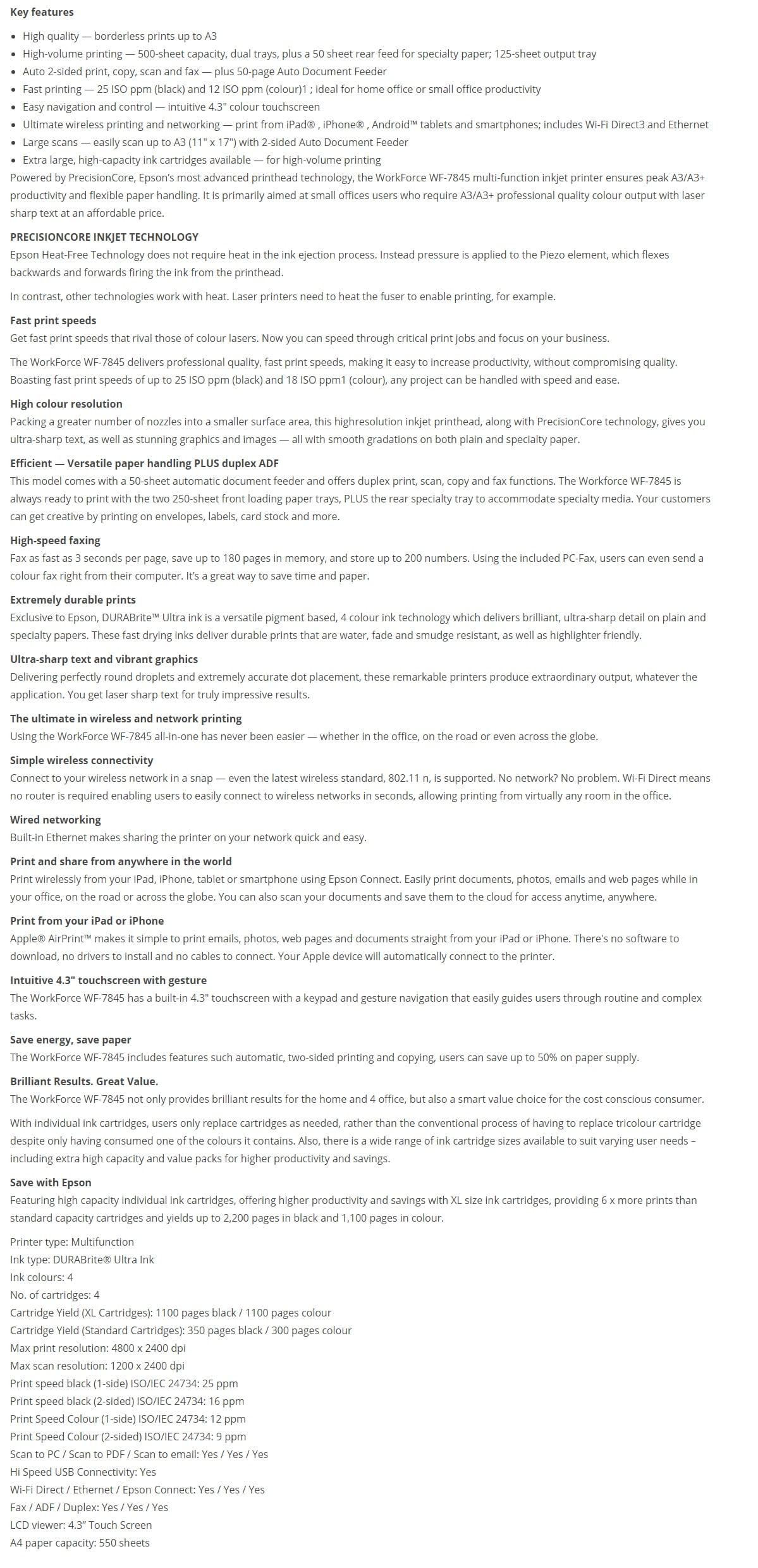 Epson Workforce WF7845 Wireless MultiFunction Inkjet Printer (Print