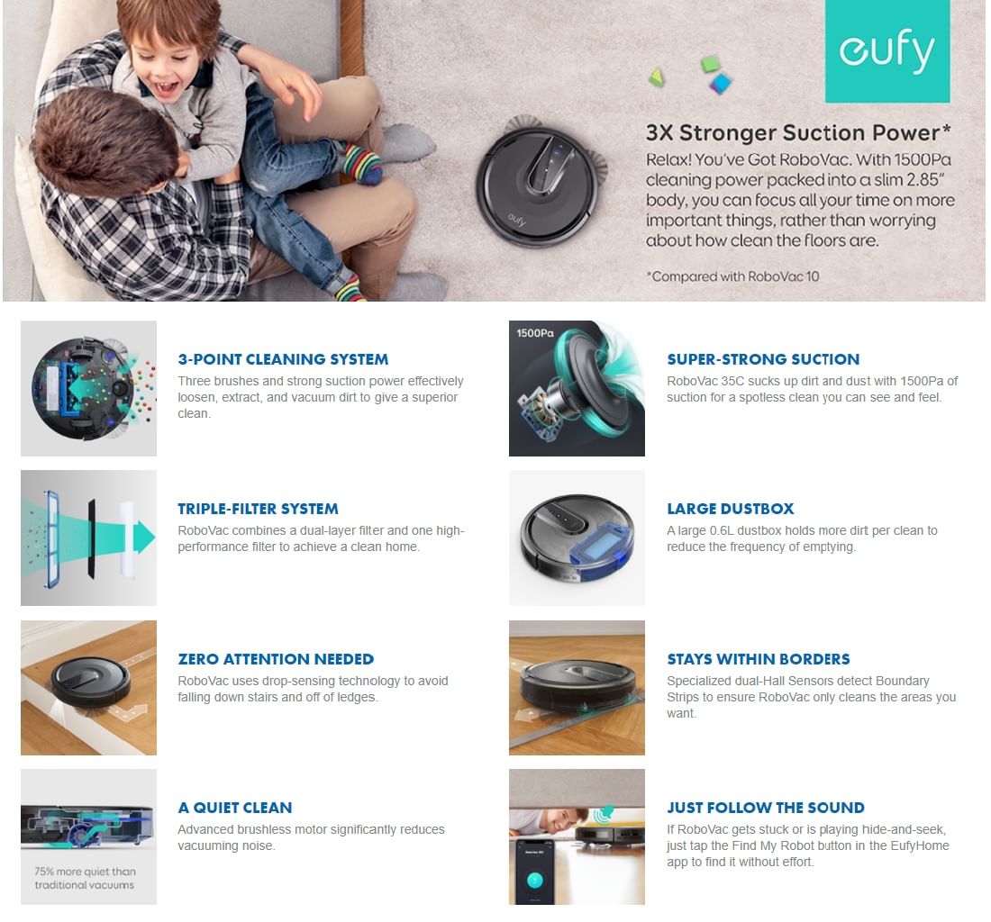 Eufy RoboVac 35C 1500Pa WiFi Robot Vacuum T2117T11 Black