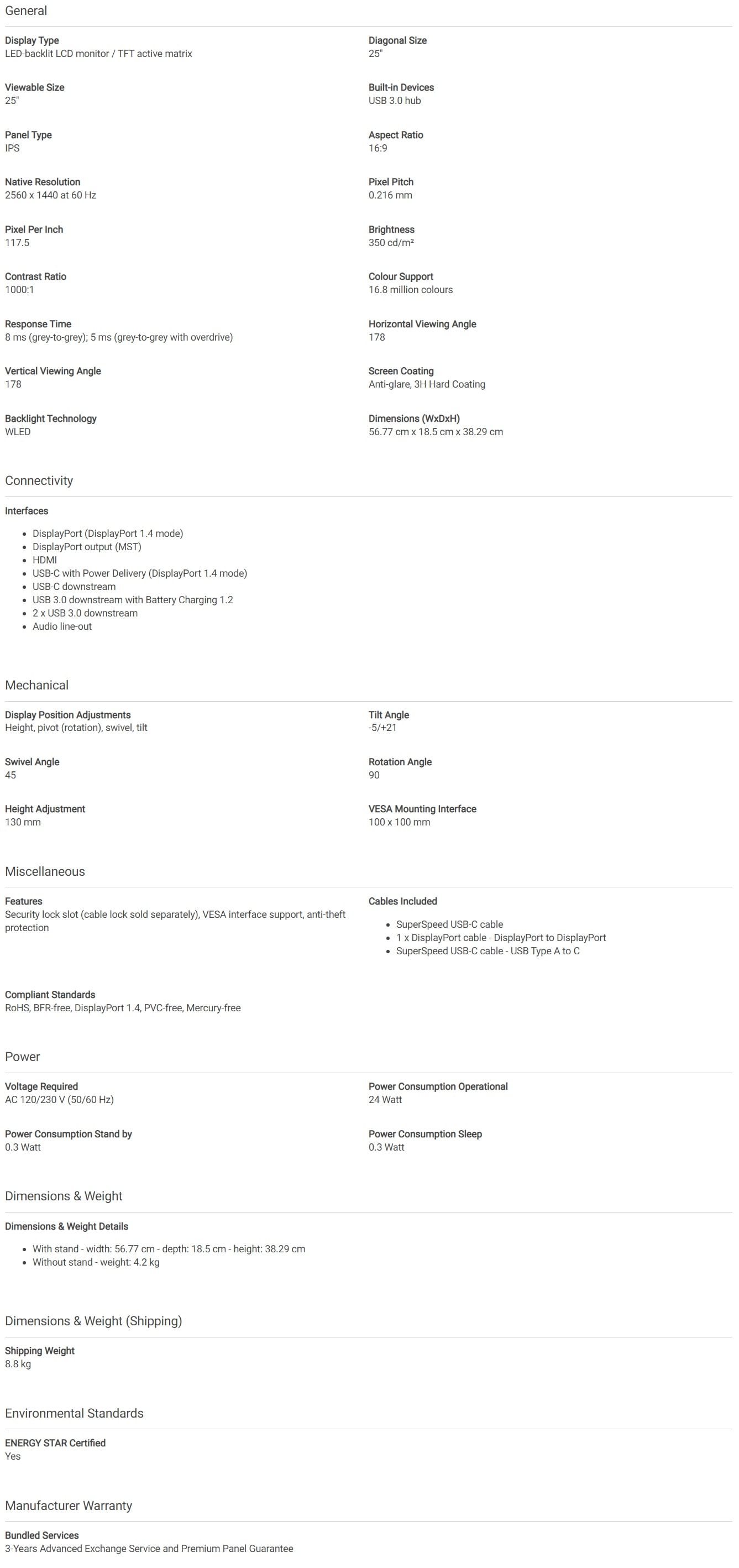 Dell U2520D UltraSharp 25" Quad HD USB-C IPS Height Adjustable Monitor