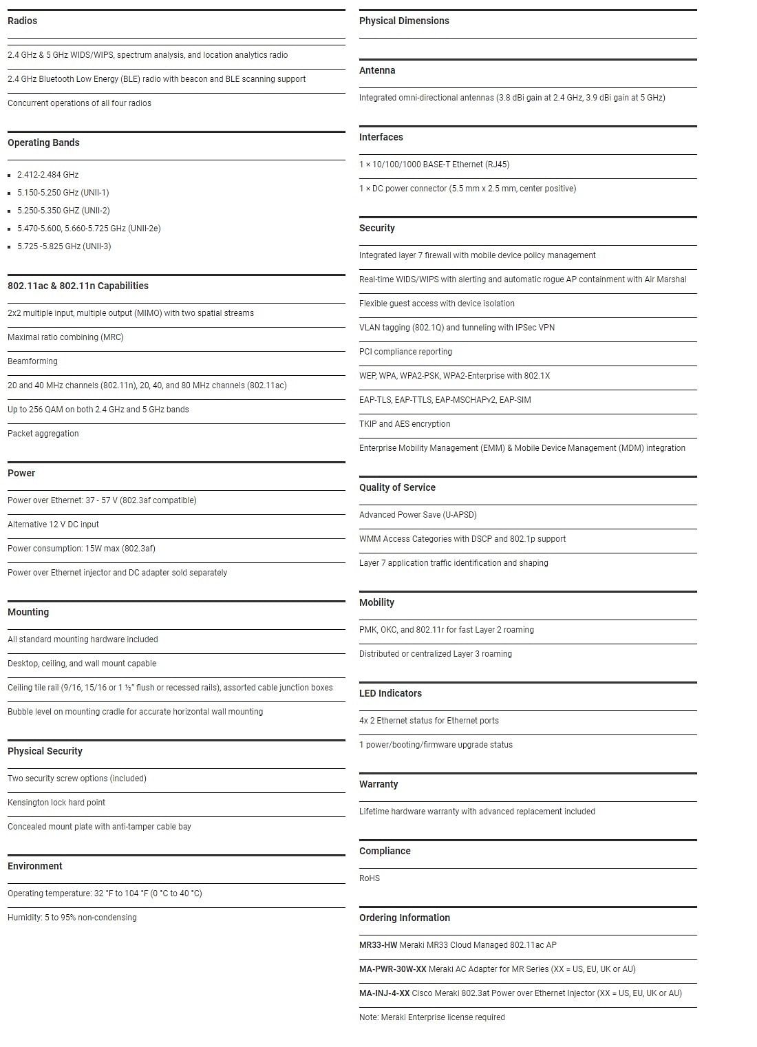 Cisco MR33 Cloud Managed AP, Lic Required