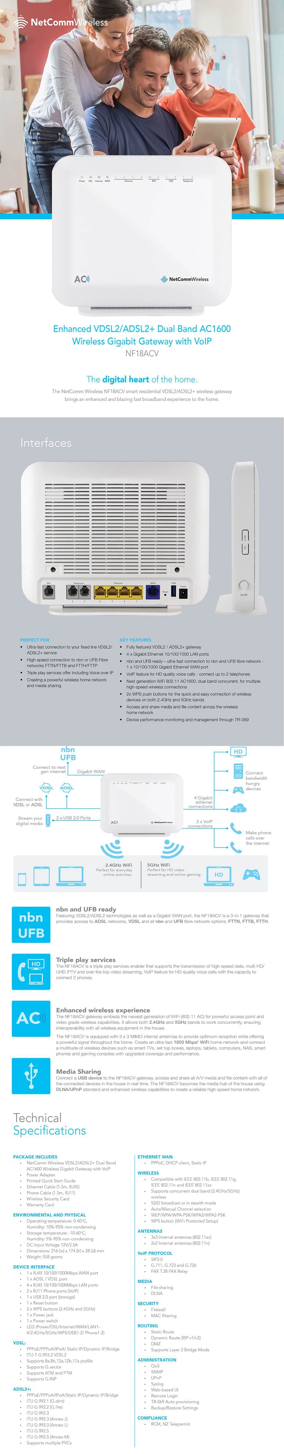 Netcomm NF18ACV AC1600 VDSL2/ADSL2+ Modem Router With VoIP