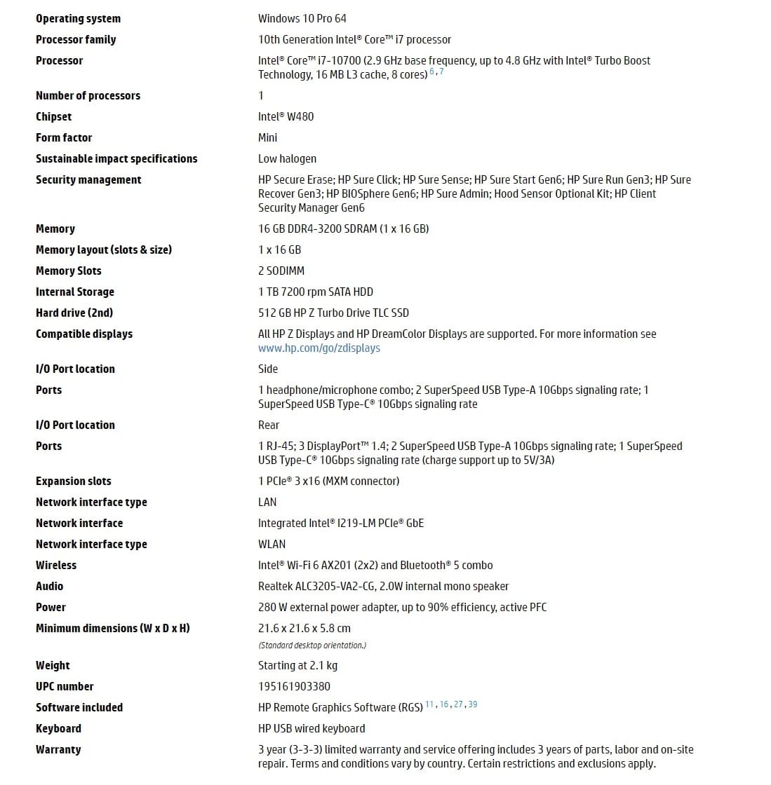 HP Z2 Mini G5, i7-10700, 16GB RAM, 512GB SSD 1TB HDD, P620