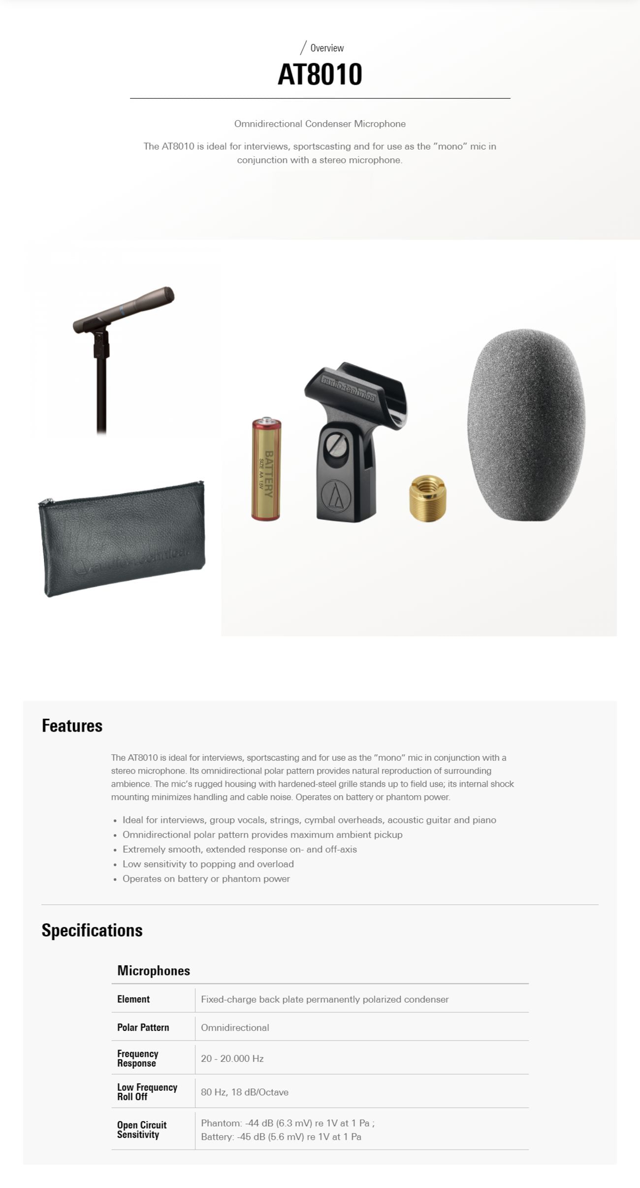 AudioTechnica AT8010 Small Diaphragm Omnidirectional Condenser Microphone