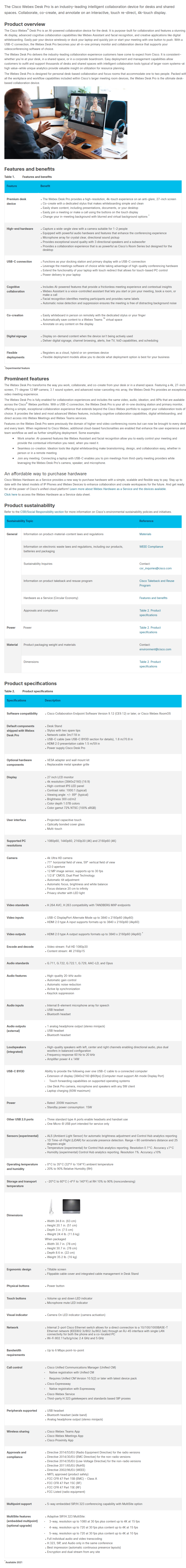Cisco CS-DESKPRO-K9 Webex Desk Pro