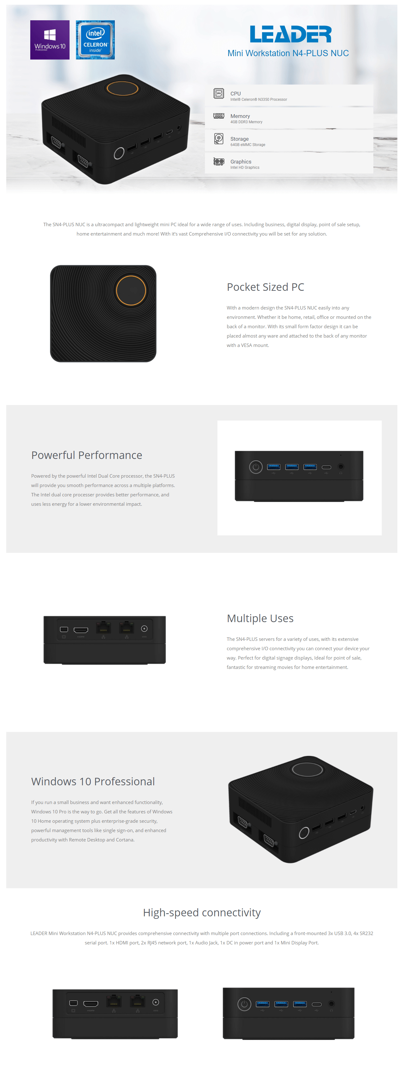 Leader NUC SN4-PLUS, N3350, 4GB, 64GB, Windows 10 Pro