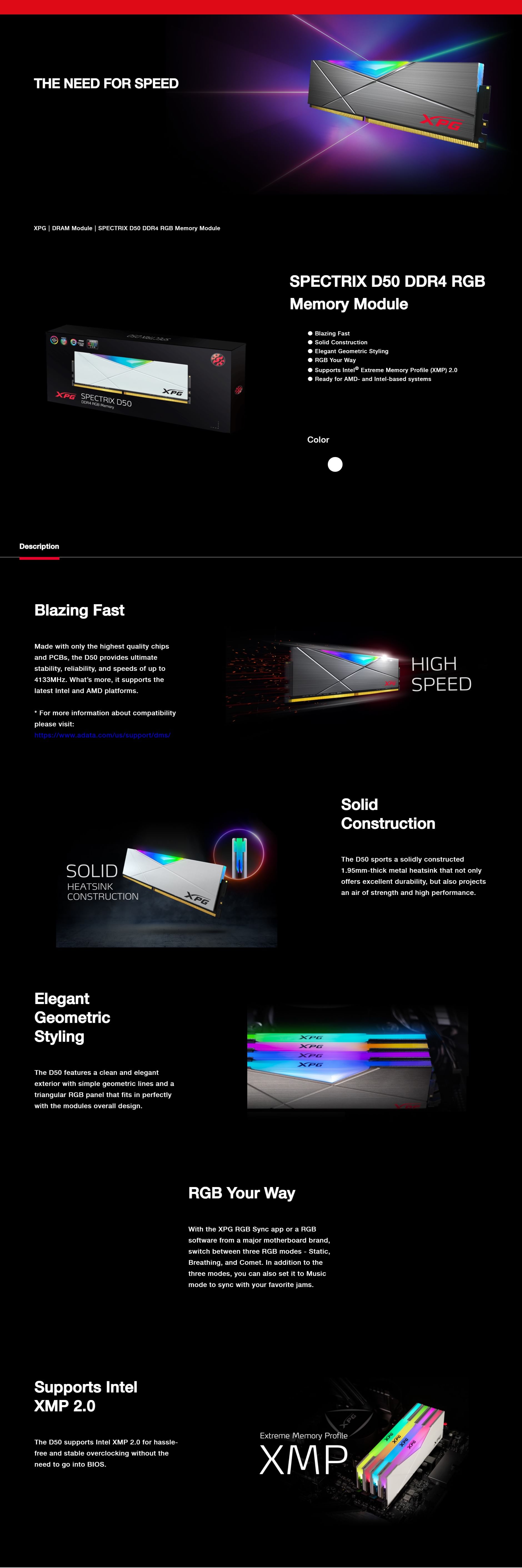 ADATA XPG Spectrix D50 RGB 16GB(2x8) DDR4-3200 Memory - White