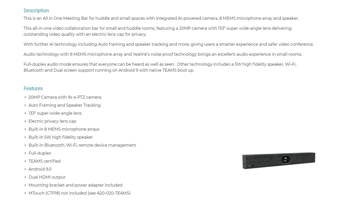 Yealink A20 Collaboration Bar for Microsoft Teams with VCR20 Remote Control