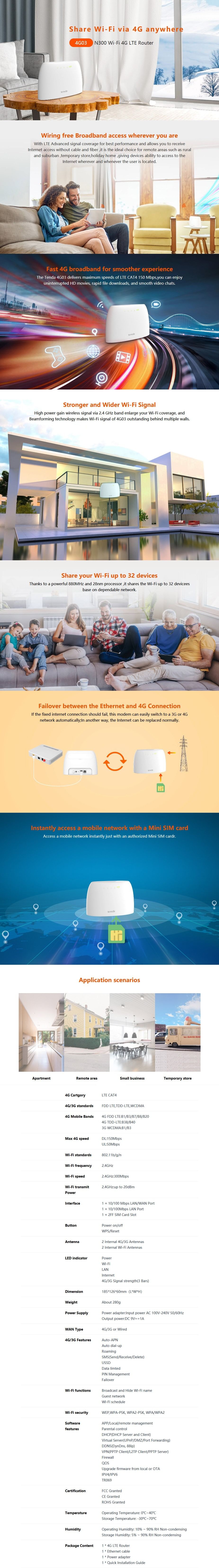 Tenda 4G03 3G/4G N300 Wi-Fi 4G/LTE Modem Router