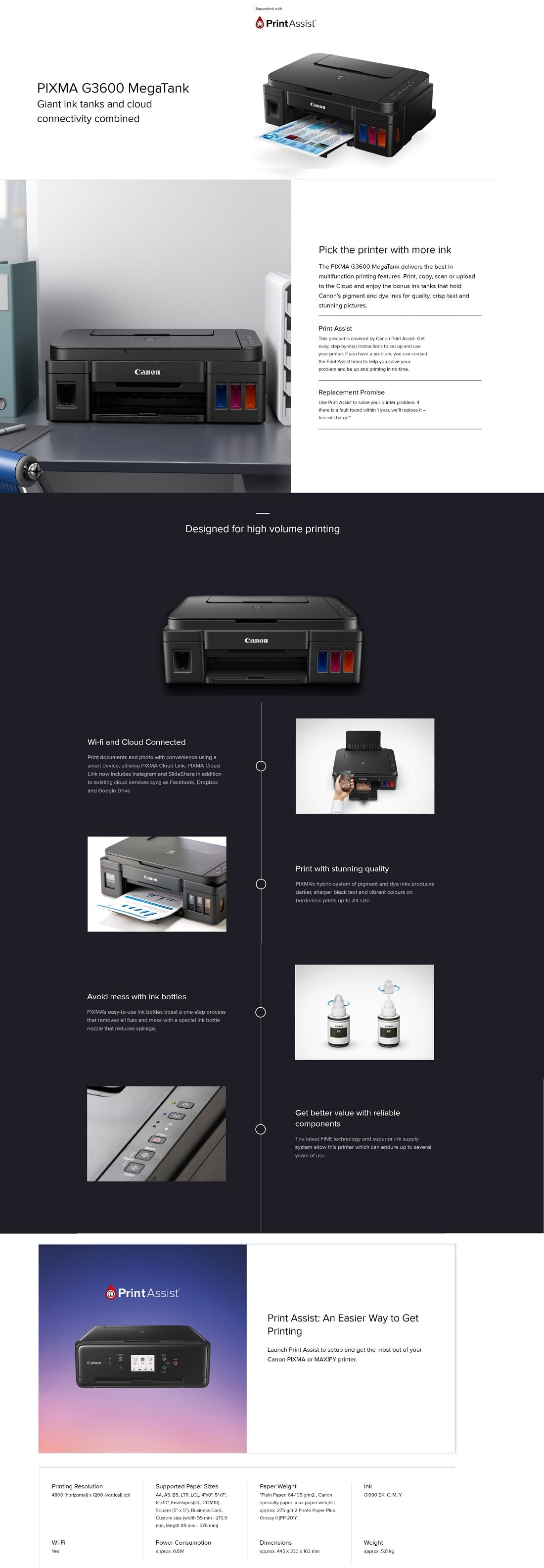 Canon G3600 MegaTank MultiFunction Inkjet Printer (Print/Copy/Scan)