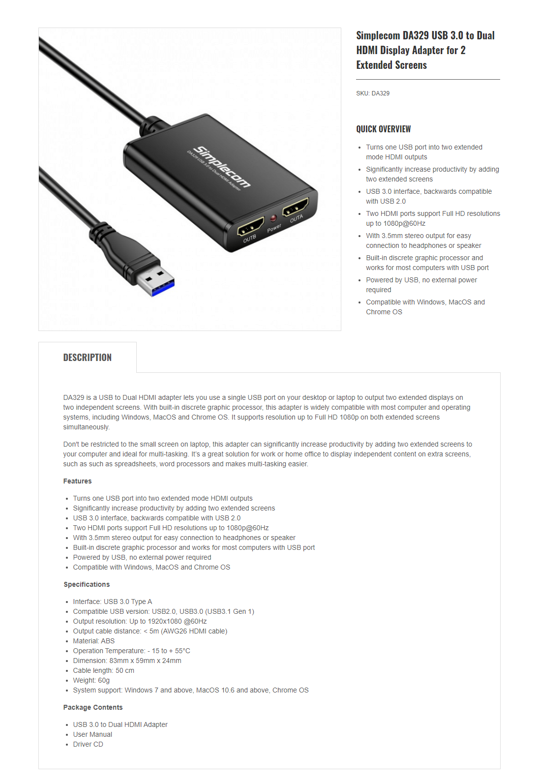 Aditional Screen Connector Simplecom USB 3.0 to Dual HDMI Display Adapter for 2 Extended Screens