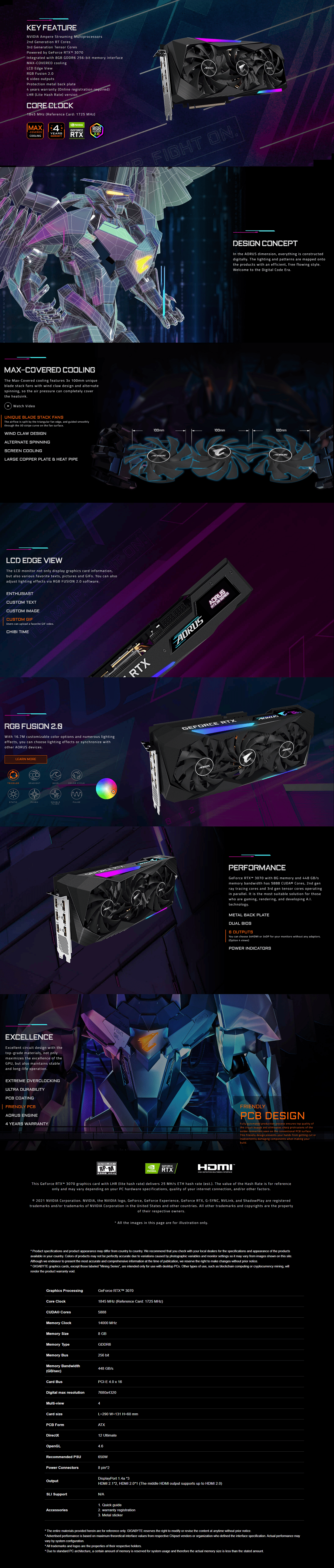 Gigabyte AORUS GeForce RTX 3070 Master 8G Graphics Card LHR