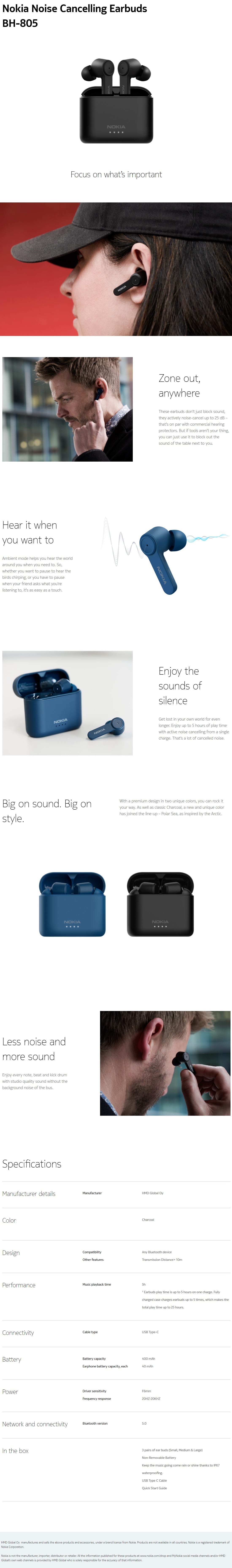 Nokia Bh-805 Noise-Cancelling Earbuds Black