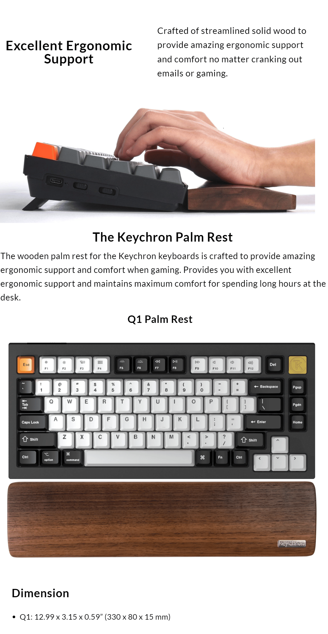 Keychron Walnut Wood Keyboard Palm Rest for Q1 330 x 80 x 15mm PR11