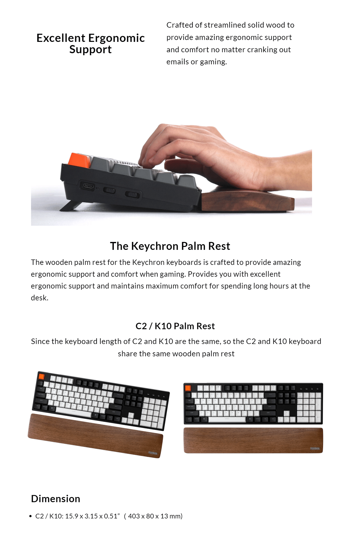 Keychron Walnut Wood Keyboard Palm Rest for K10 / C2 403 x 80 x13mm PR10