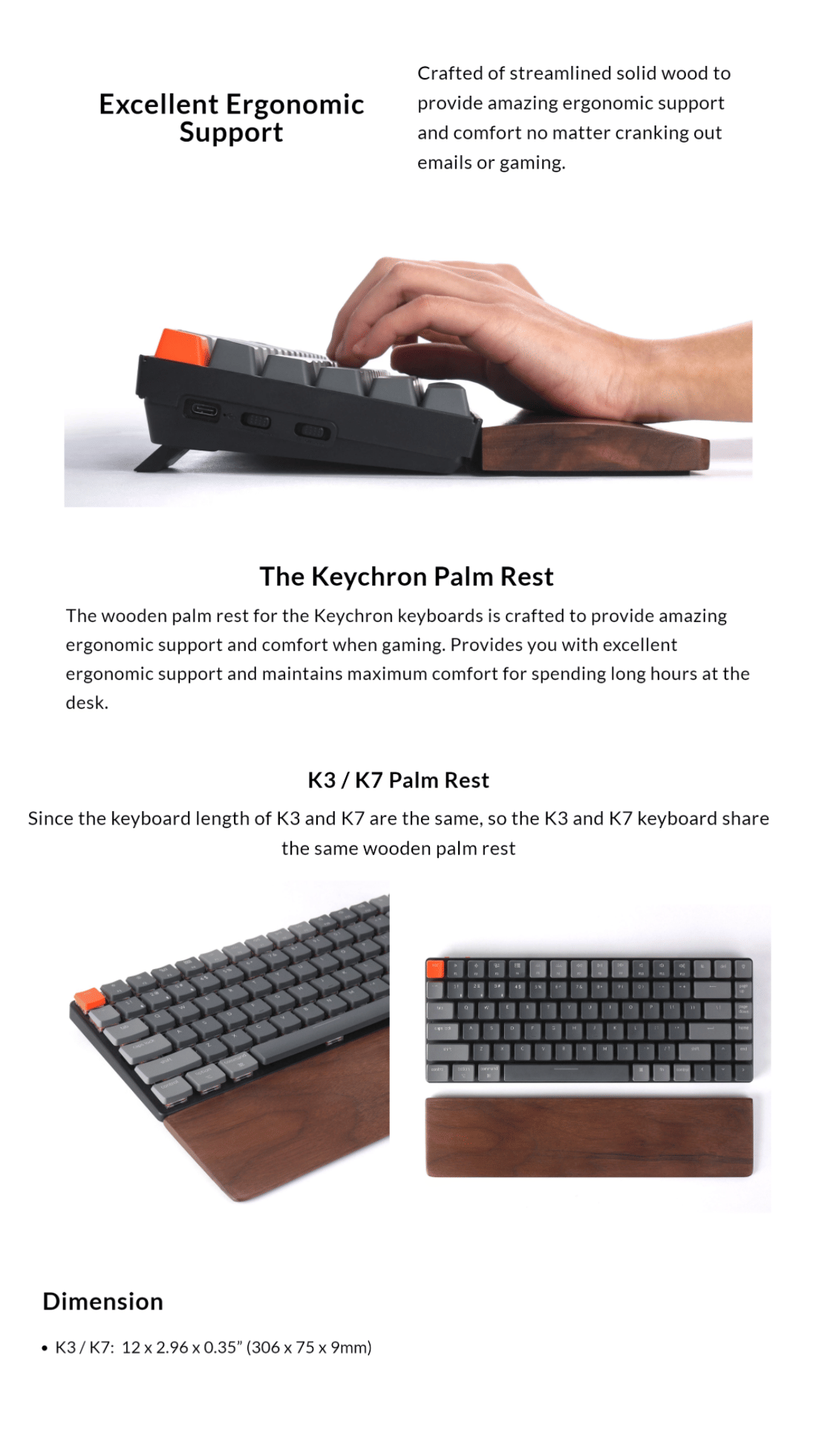 Keychron Walnut Wood Keyboard Palm Rest for K3 306 x 75 x 9mm PR4
