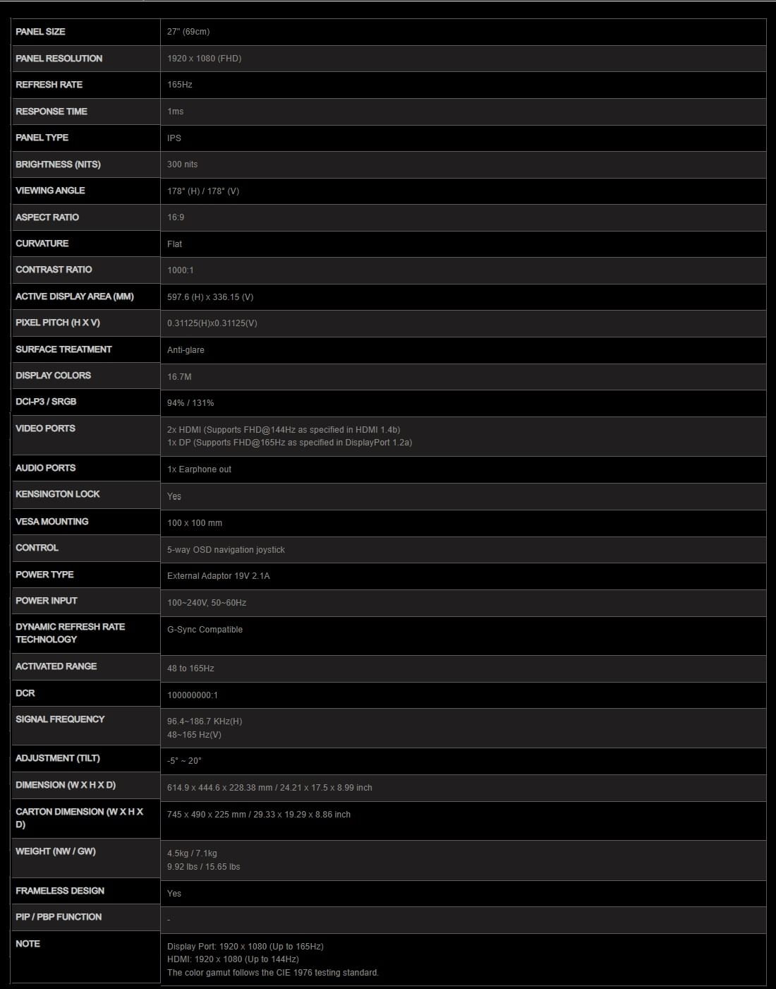 MSI Optix G273 27" Full HD 1ms 165Hz GSync Compatible Monitor