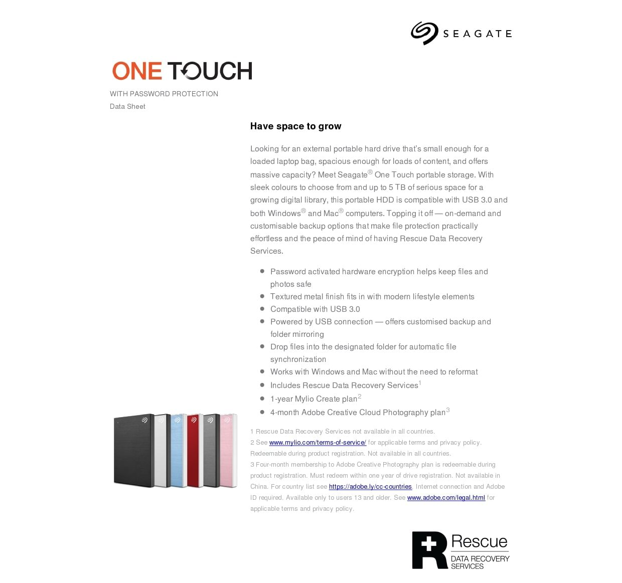Seagate One Touch 5TB Portable Hard Drive with Password Protection Black