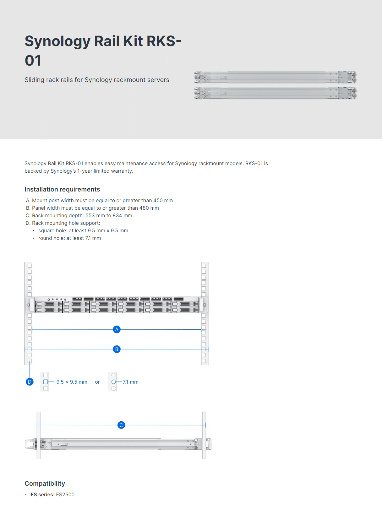 Synology Sliding Rack Rail Kit for Rackmount Server
