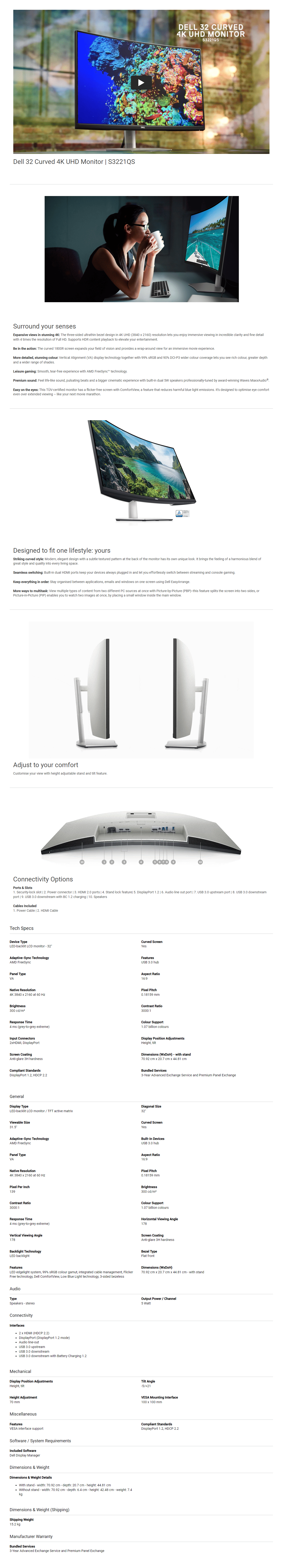 Dell S3221QS 32" Curved 4K UHD FreeSync Monitor