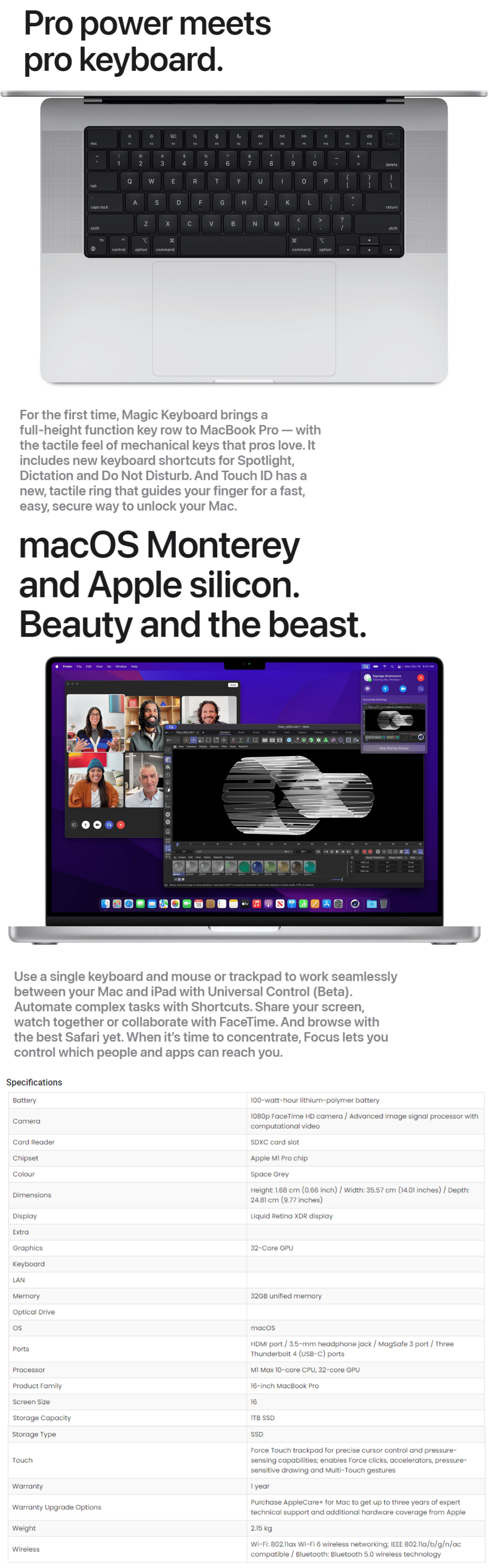 Apple MacBook Pro 16" M1 Max 10 Core CPU 32 Core GPU, 32GB RAM, 1TB SSD ...