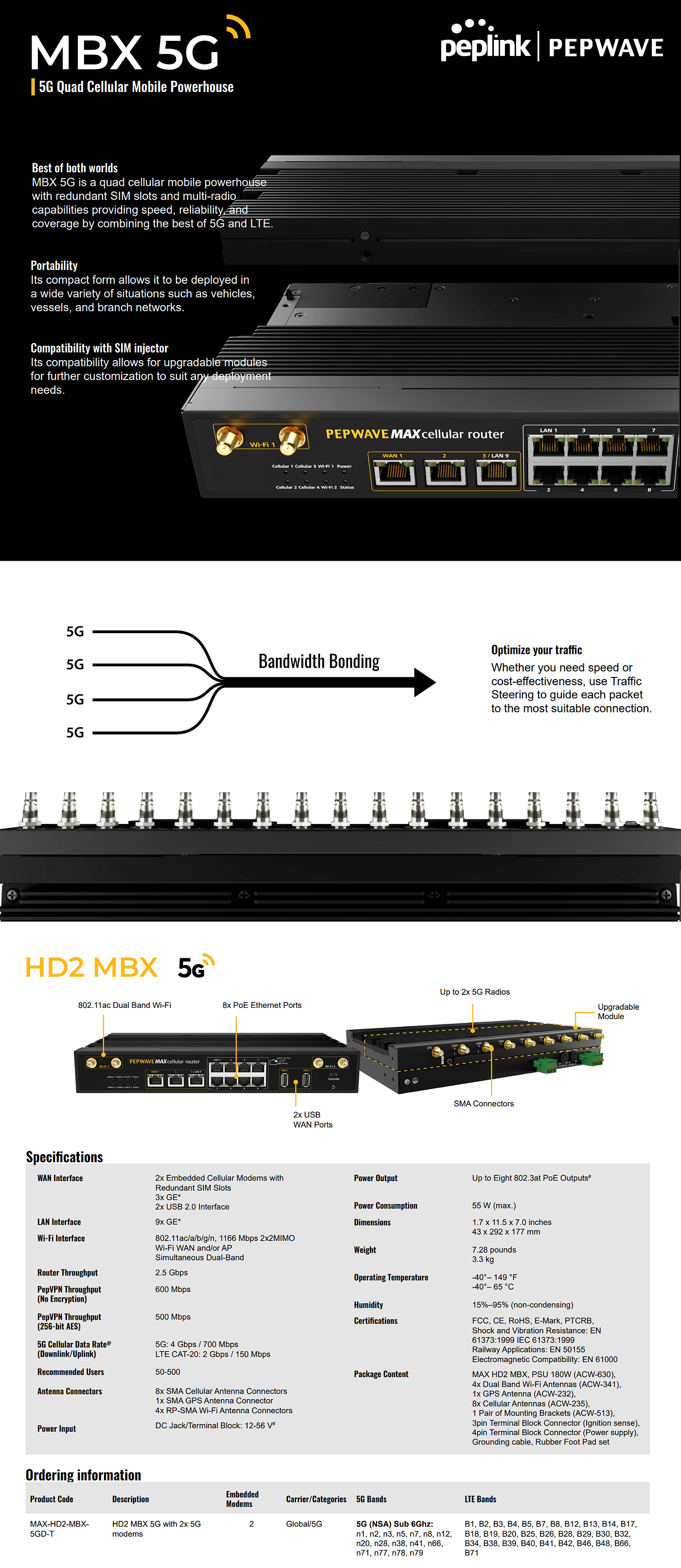 Peplink Pepwave MAX-HD2-MBX5GD-T MAX HD2 MBX 5G With 2 X 5G Modems CAT-20