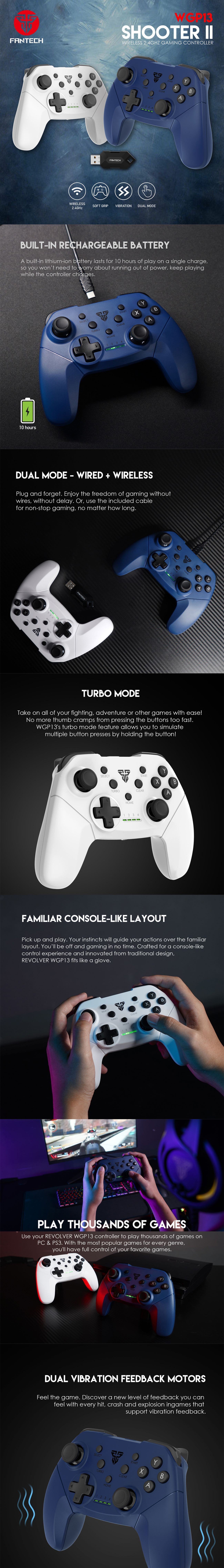 Fantech Wireless Gaming Controller Gamepad Vibration Turbo Mode for Windows PC / PS3 (WGP13)(Blue)