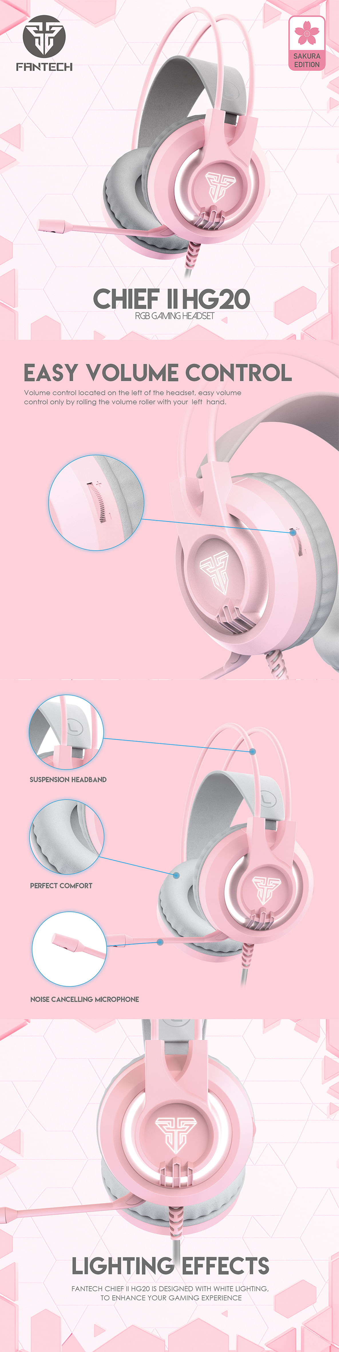 Fantech PC Headset 3.5mm Noise-Cancelling Microphone White Lightning  Computer Headphone (Pink)