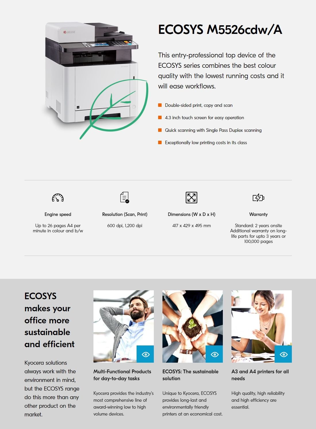 Kyocera ECOSYS M5526CDW/A MultiFunction Colour Laser Printer (Print/Copy/Scan)