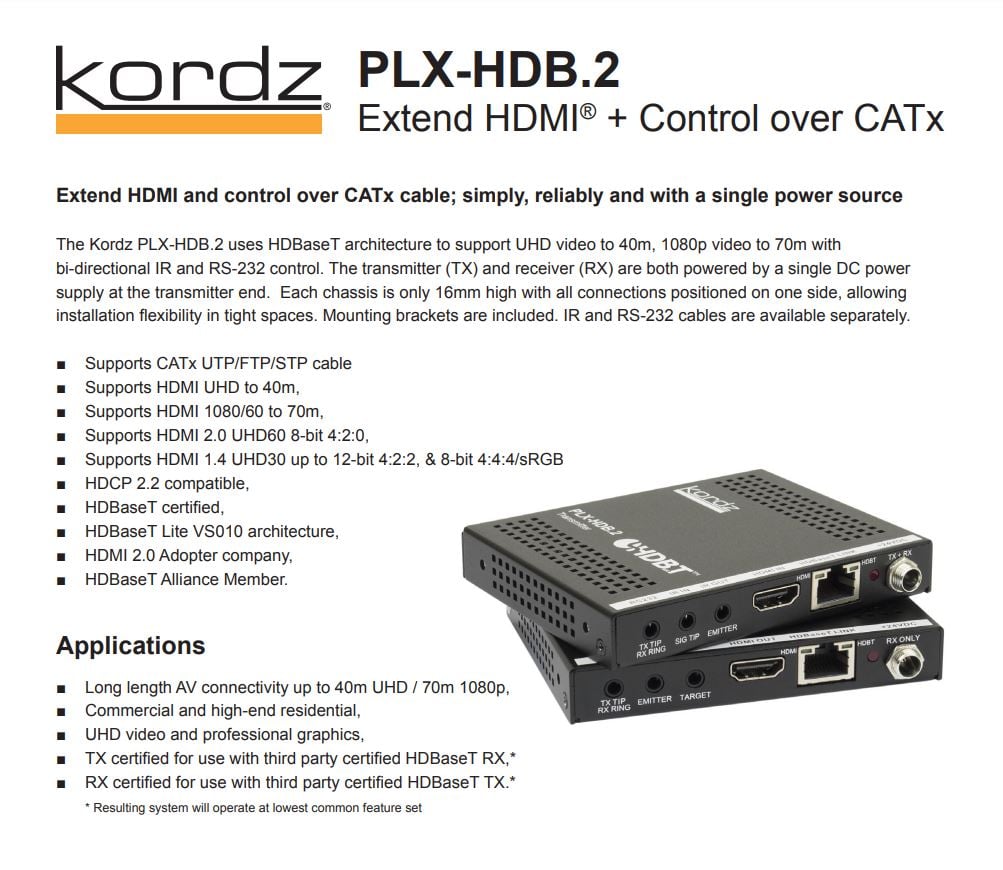 Kordz HDBaseT Extender TX/RX Pair + Control over CATx