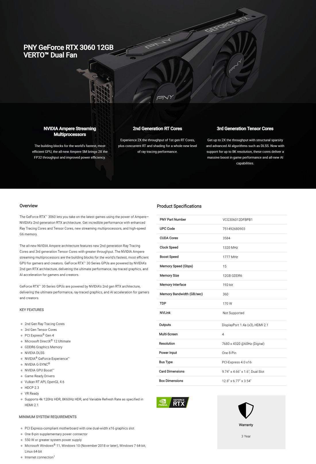 PNY GeForce RTX 3060 12GB Verto Dual Fan Graphics Card