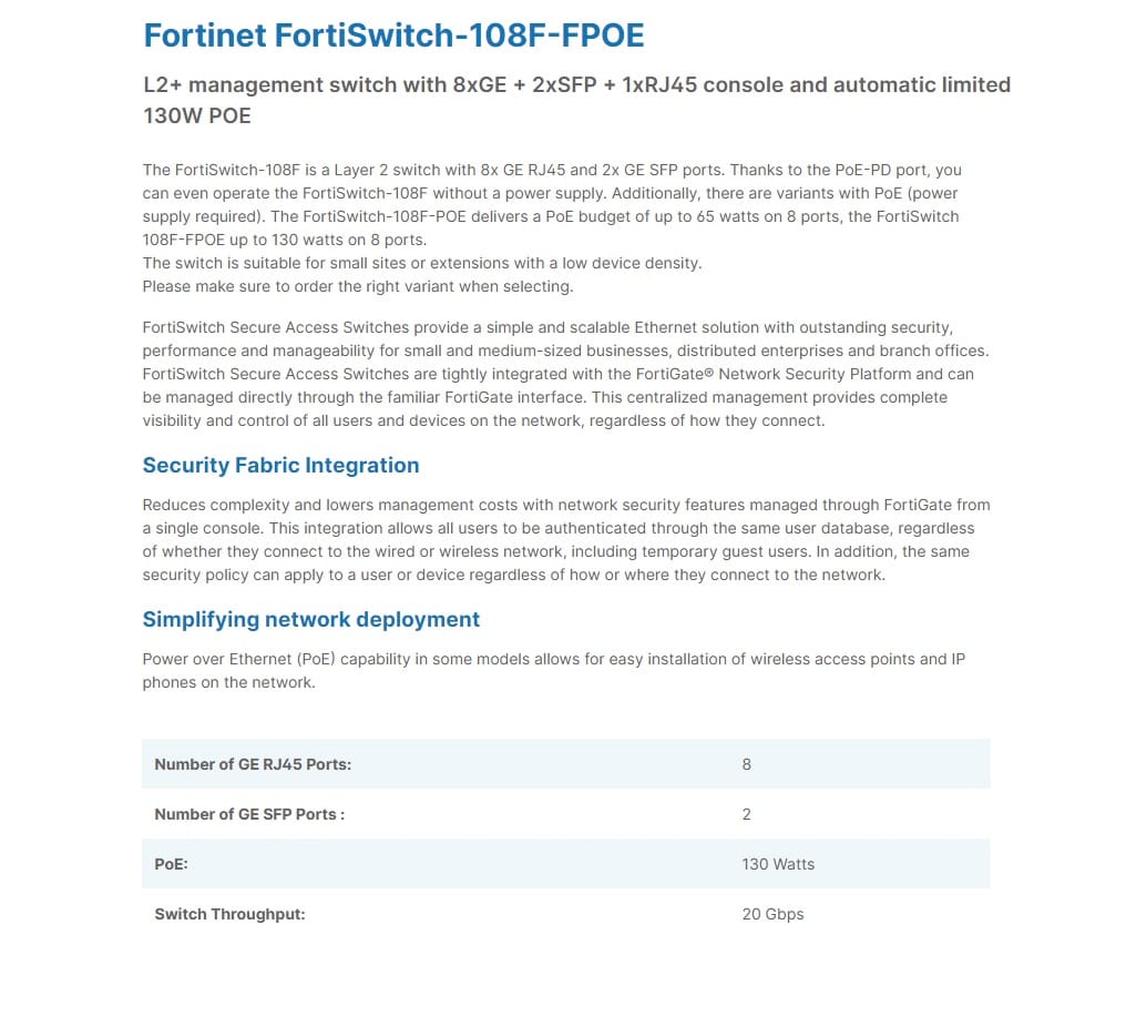 FortiSwitch108FFPOE 8GE+2SFP 130W PoE Switch