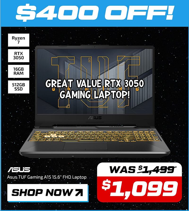 Asus TUF Gaming A15 15.6" FHD Laptop, Ryzen 7, 16GB RAM, 512GB SSD, RTX 3050, Windows 11 Home - Black