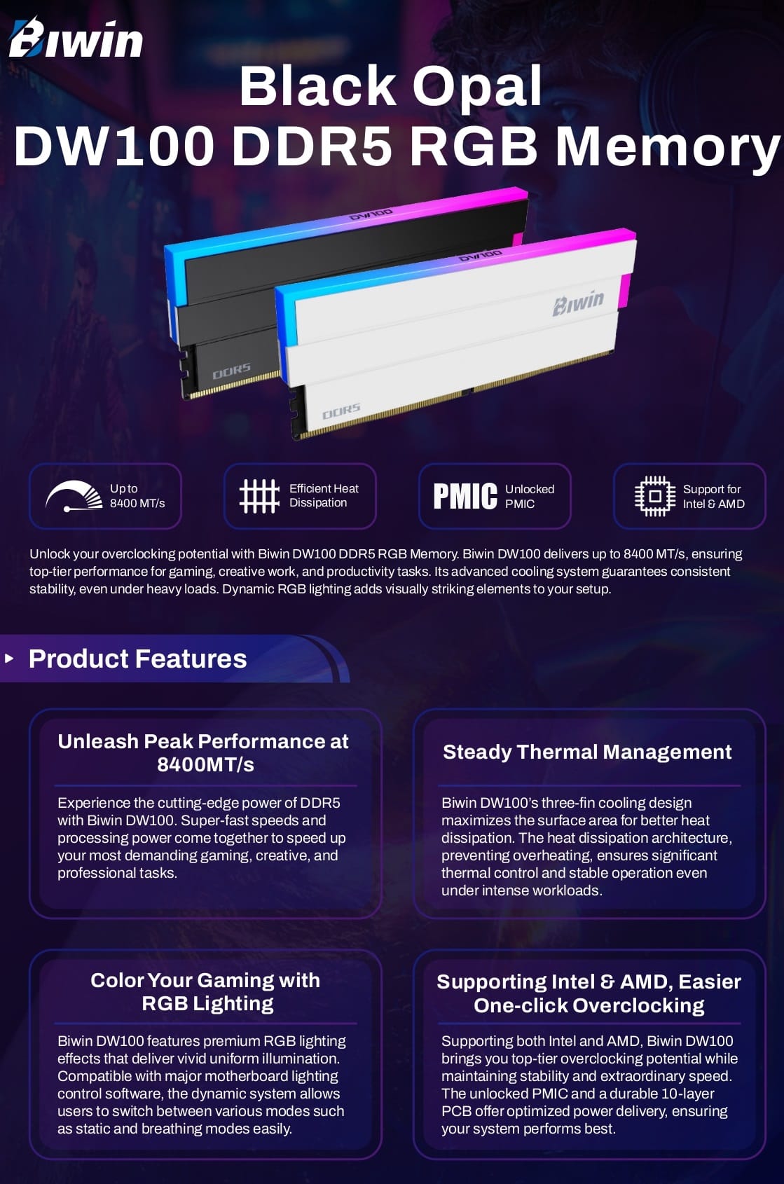 BIWIN Black Opal DW100 RGB 32GB (2x16GB) DDR5-6000 UDIMM Memory