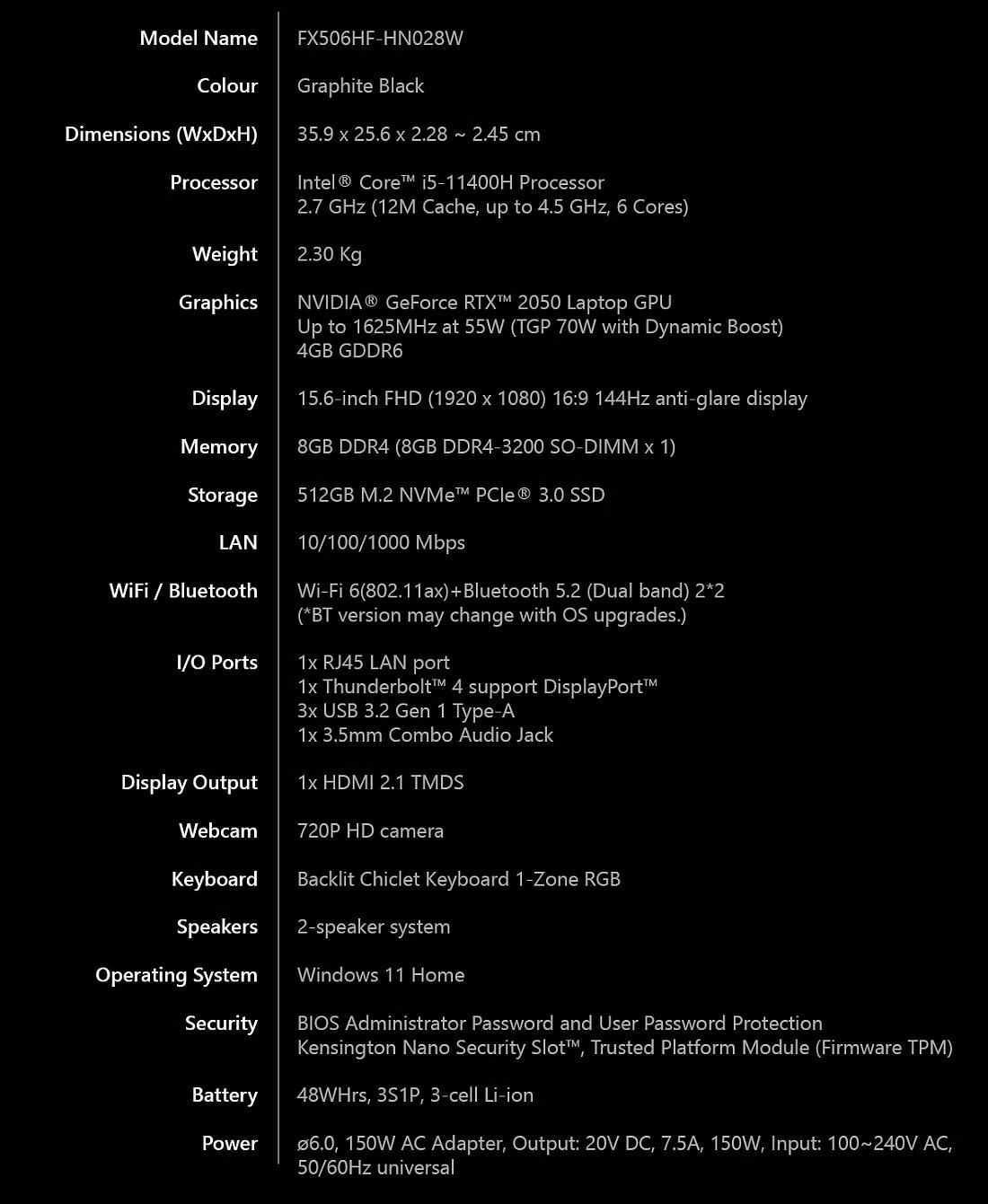 ASUS TUF Gaming F15 15.6" FHD 144Hz Gaming Laptop, i511400H, 8GB RAM