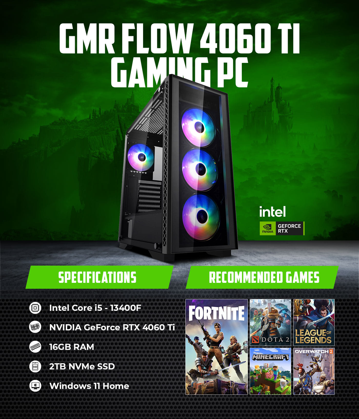 GMR Flow 4060 Ti Gaming PC (i5 13400F 16GB RAM RTX 4060 Ti 8G